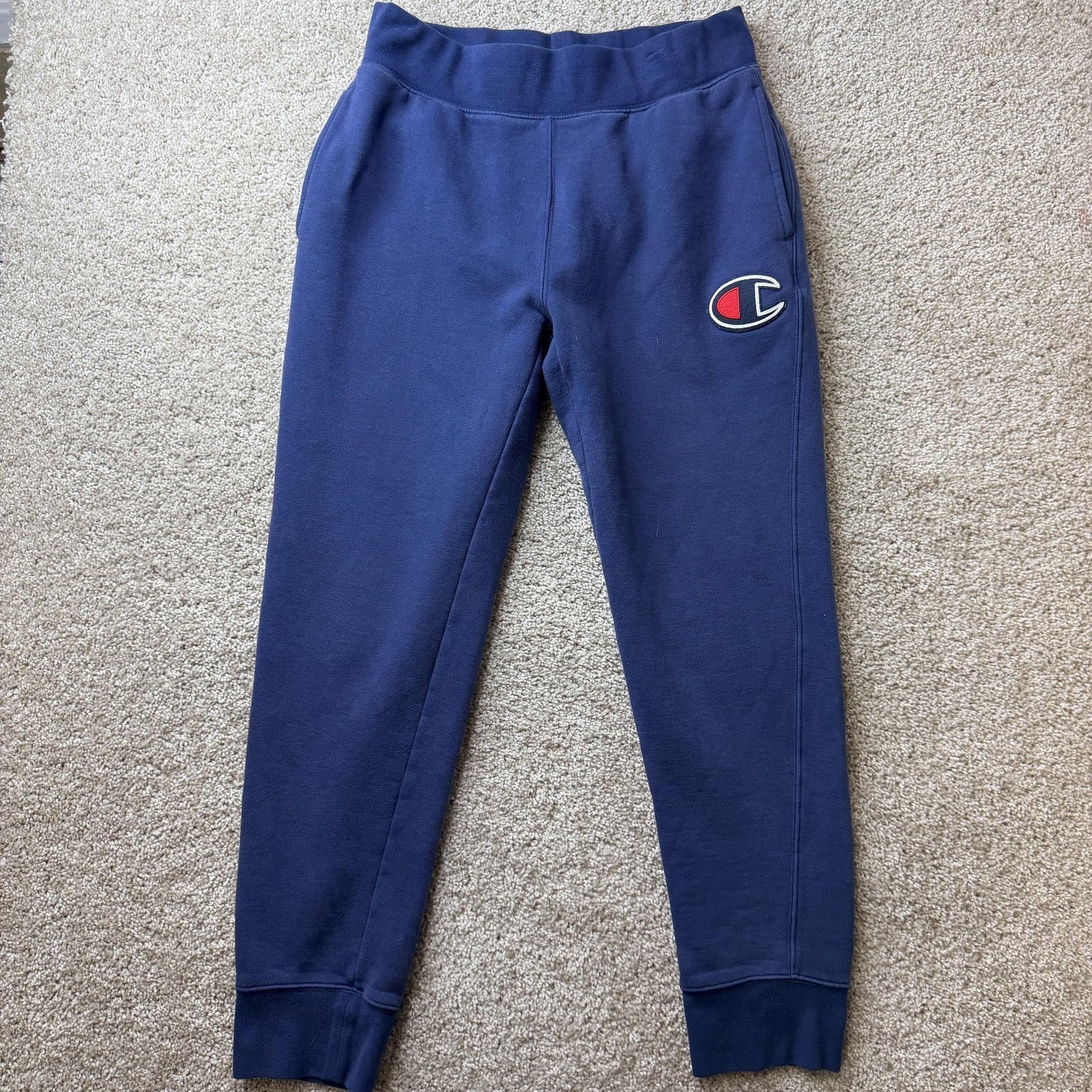 Champion Sweatpants Mens Small Blue Fleece Elastic Waist Pockets Tapered Logo